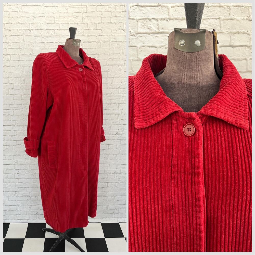 Vintage Red Cotton Corduroy Long Duster Jacket, Size 13/14 Petite, Dopamine,